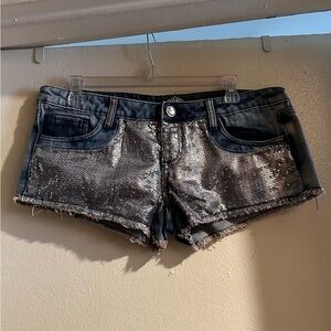 Almost Famous Black and Silver Sequin Jean Shorts blue color size 9